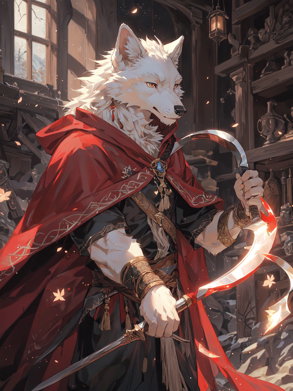 54138-3335868060-Masterpieces,official art,furry,male,Anthropomorphic white wolf,Delicate face,Delicate eyes,Red cloak,Kerosene lamp,sickle, hold.png